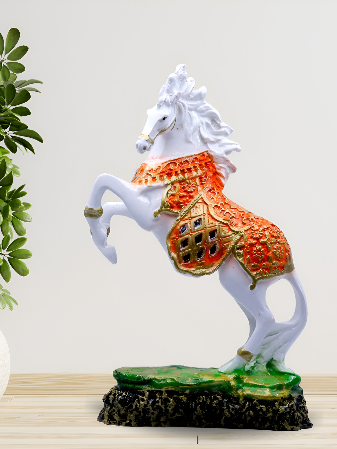 GW CREATIONS Running Horse White Polyresin Natural Living Room Hand-Crafted Medium Showpiece - 8.7 Inches
