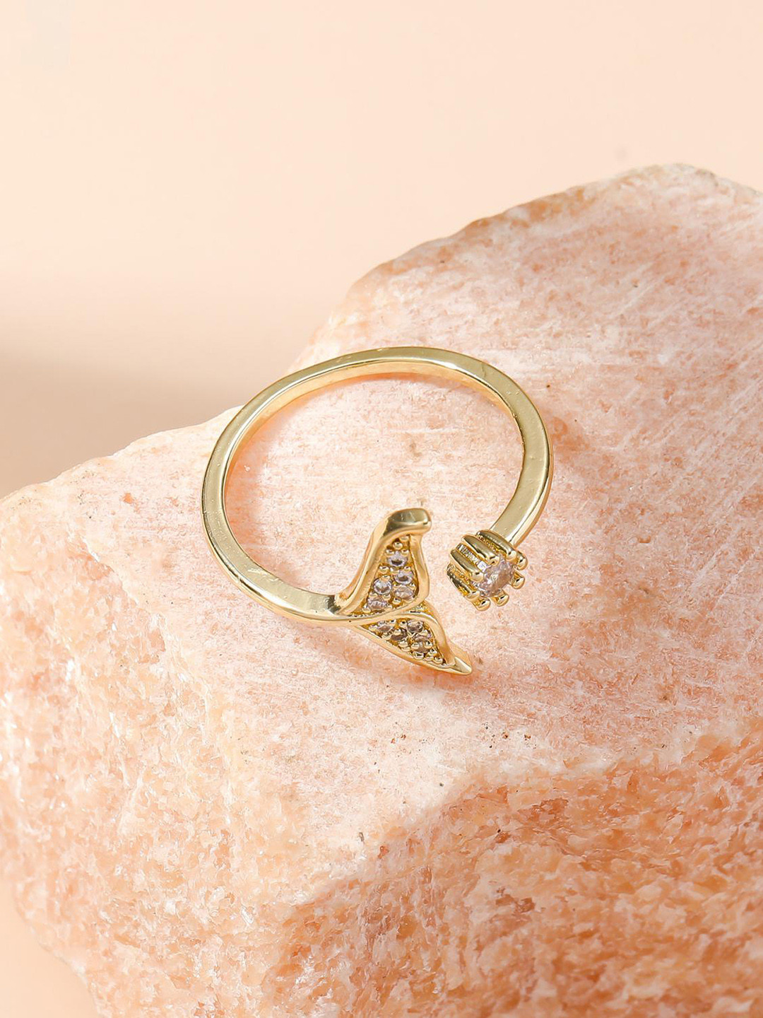 MYKI Gold-Plated CZ-Studded Little Fish Tail Detail Adjustable Finger Ring