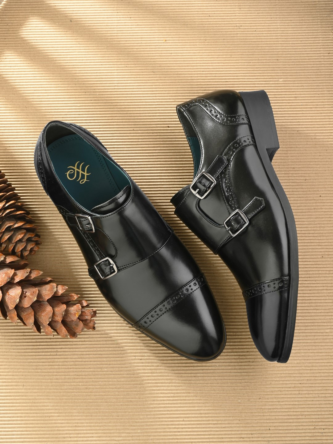 House of Pataudi Men Perforated Double Strap Formal Monk Shoes