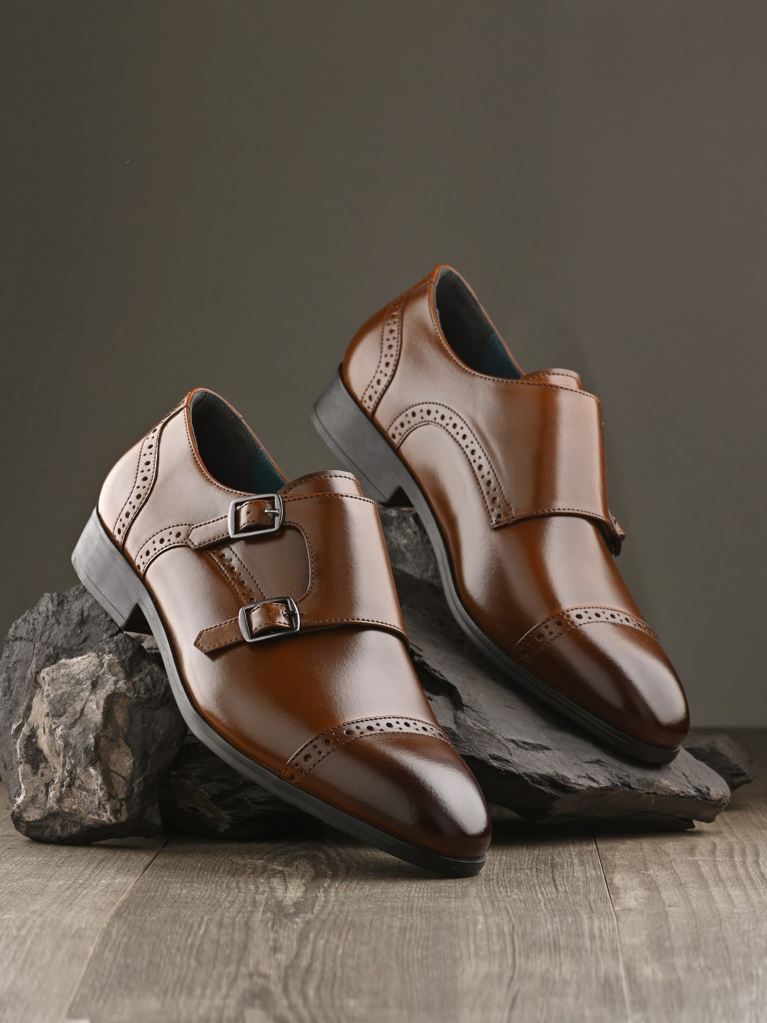 House of Pataudi Men Perforated Double Strap Formal Monk Shoes