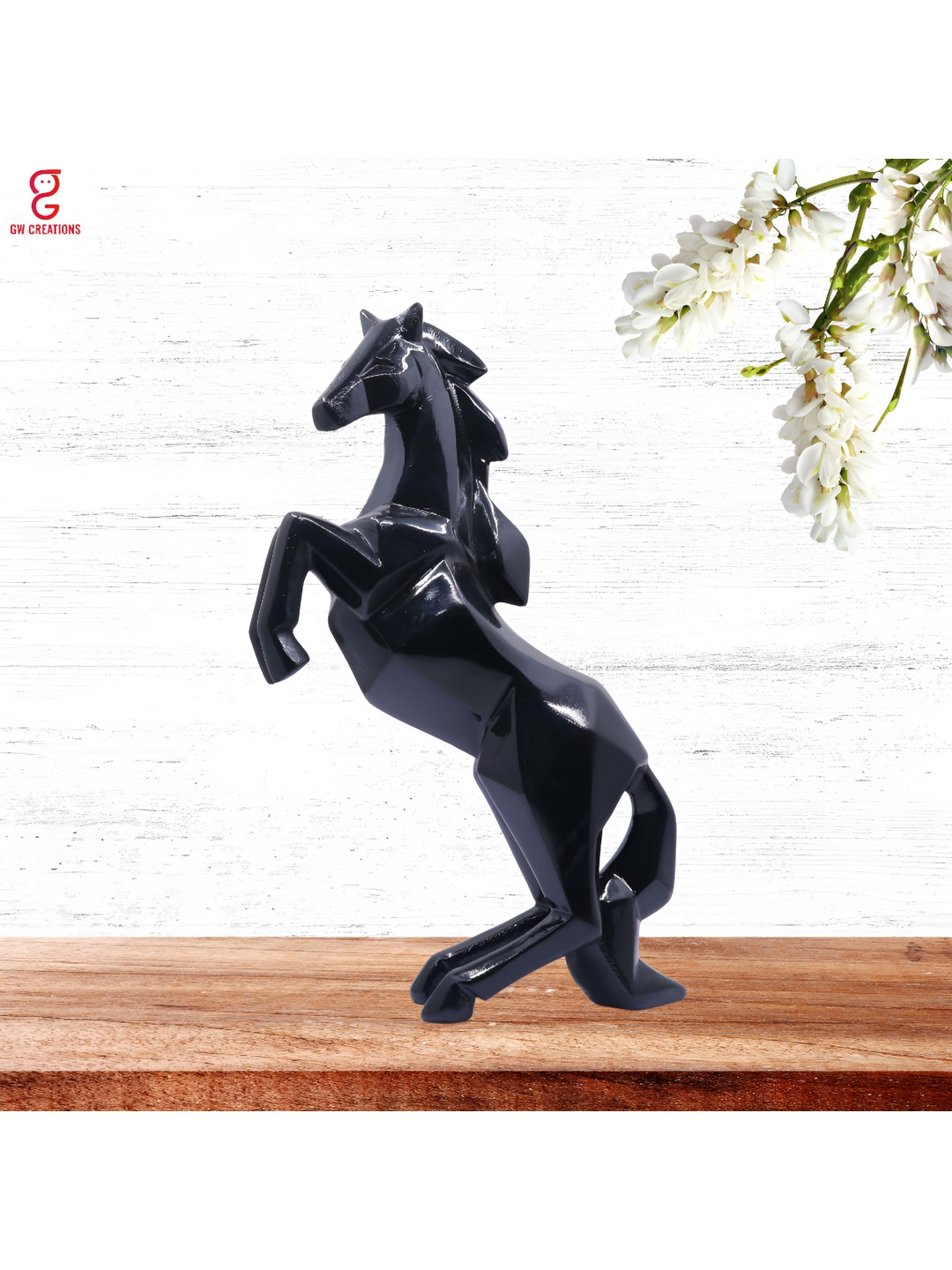 GW CREATIONS Running Horse Black Polyresin Glossy Living Room Hand-Crafted Medium Showpiece - 9.8 Inches