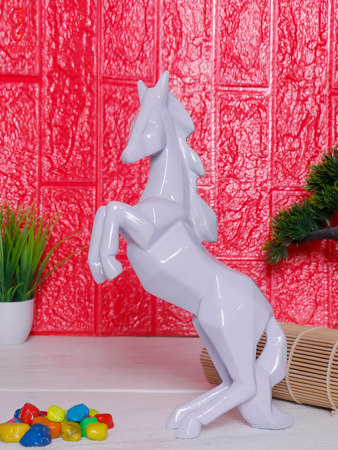 GW CREATIONS Running Horse White Polyresin Natural Living Room Hand-Crafted Medium Showpiece - 9.8 Inches