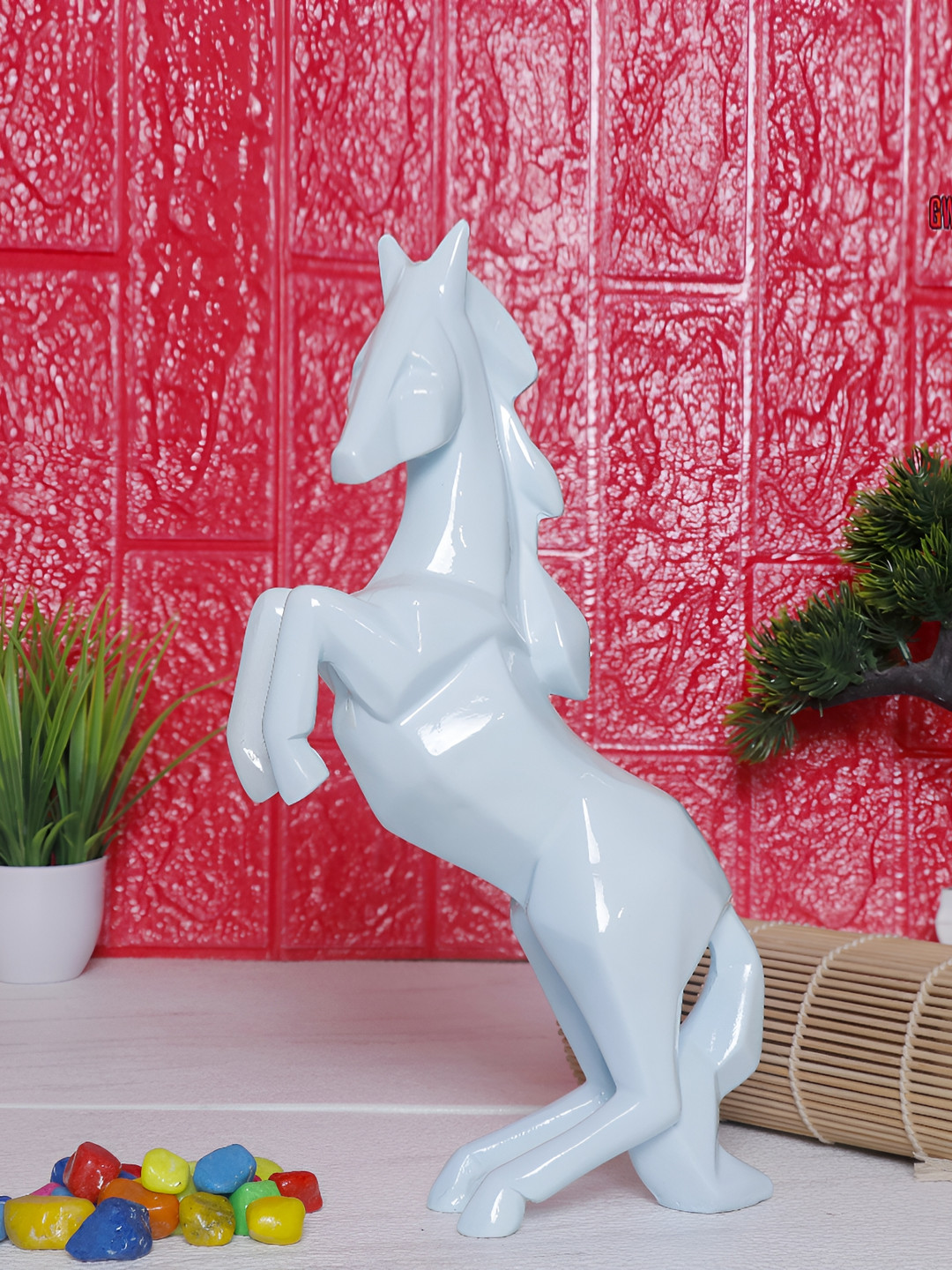 GW CREATIONS Running Horse White Polyresin Glossy Living Room Hand-Crafted Medium Showpiece - 9.8 Inches