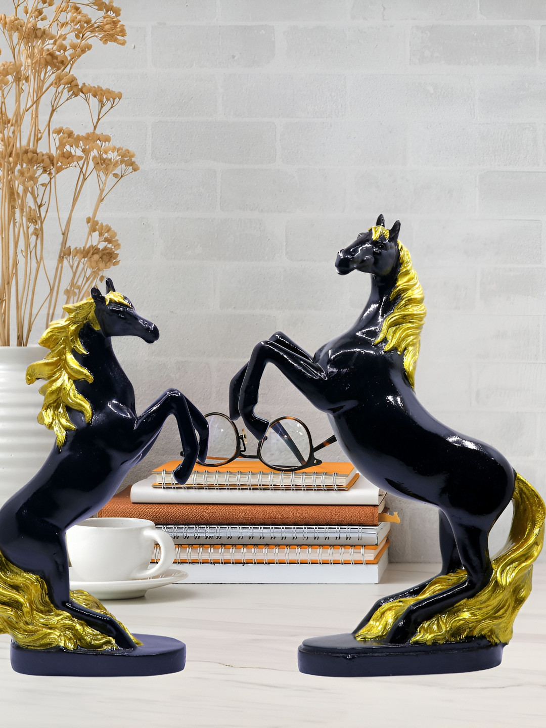 GW CREATIONS Running Horse Black Polyresin Glossy Living Room Hand-Crafted Set of 2 Medium Showpieces - 7.5 Inches