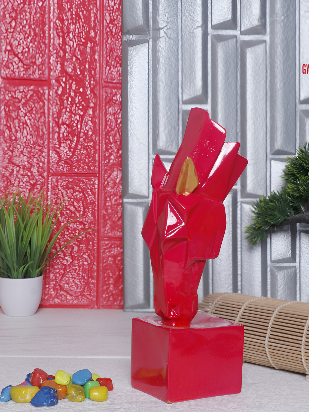 GW CREATIONS Running Horse Red Polyresin Metallic Living Room Hand-Crafted Medium Showpiece - 9.8 Inches