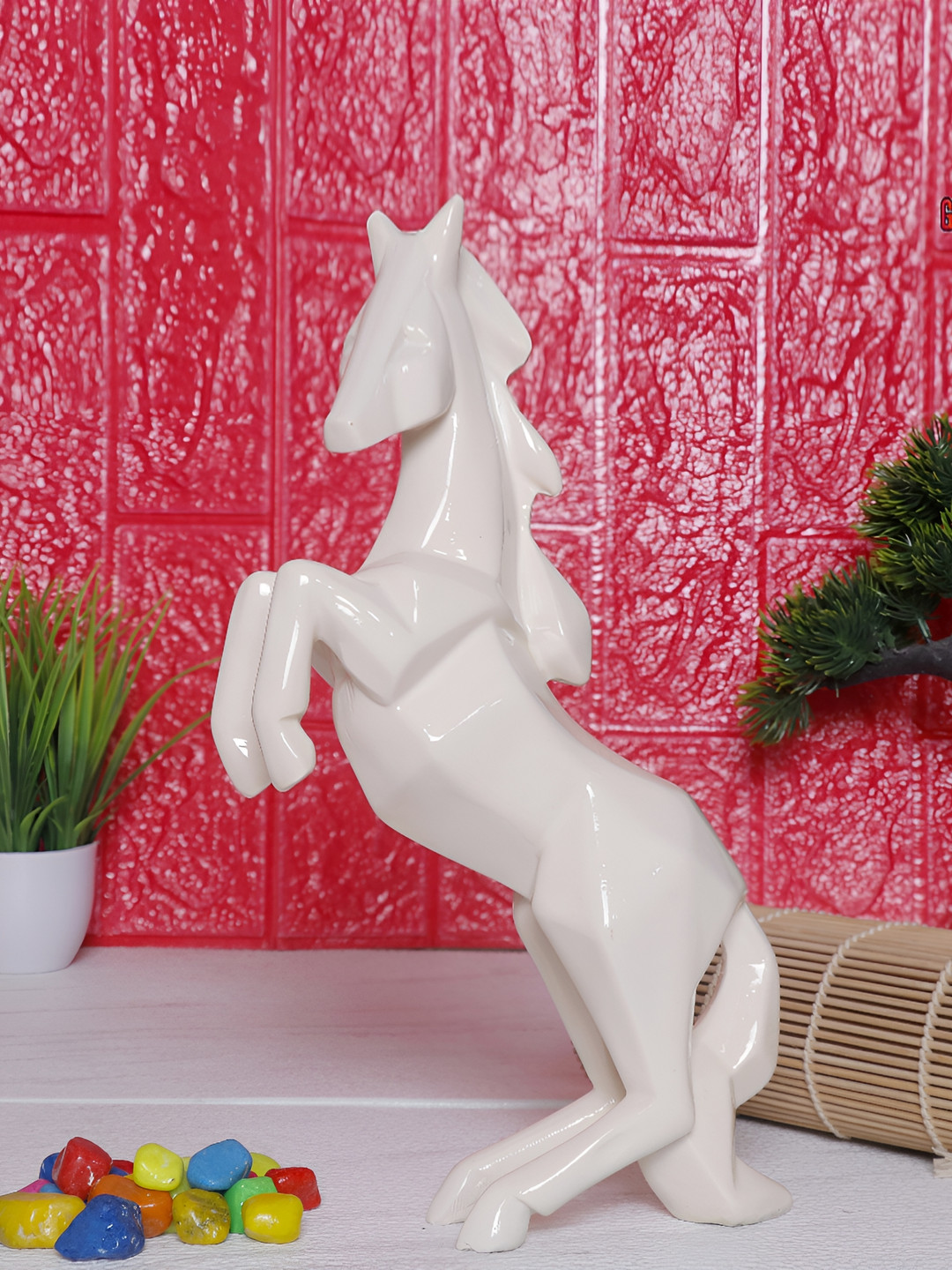 GW CREATIONS Running Horse White Polyresin Natural Garden Hand-Crafted Medium Showpiece - 9.8 Inches