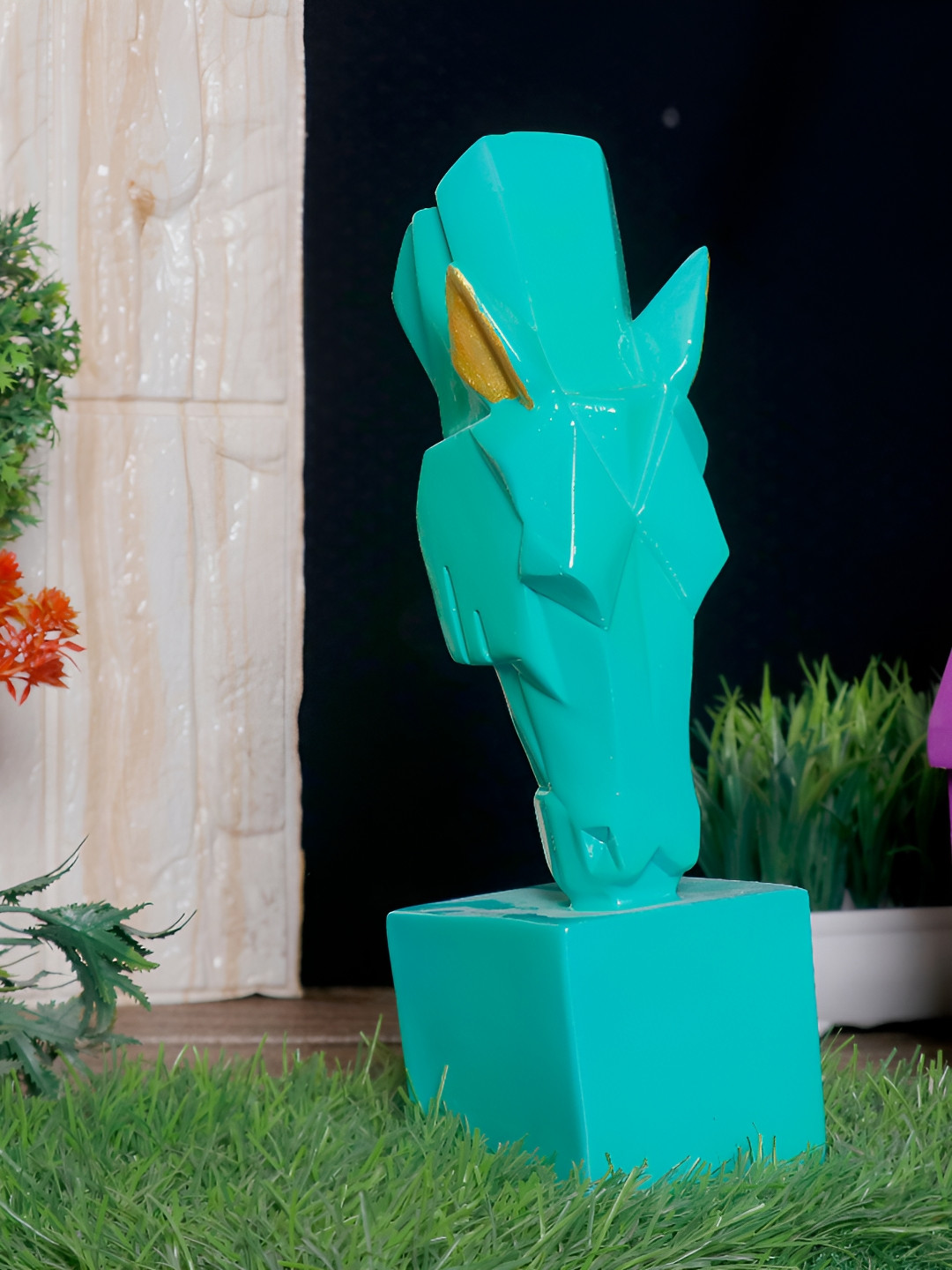 GW CREATIONS Running Horse Sea Green Polyresin Matte Living Room Hand-Crafted Medium Showpiece - 9.8 Inches