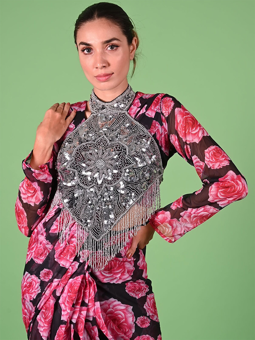 ODETTE Embellished Halter Neck Sequined Detail Cropped Fitted Semi Stitched Top