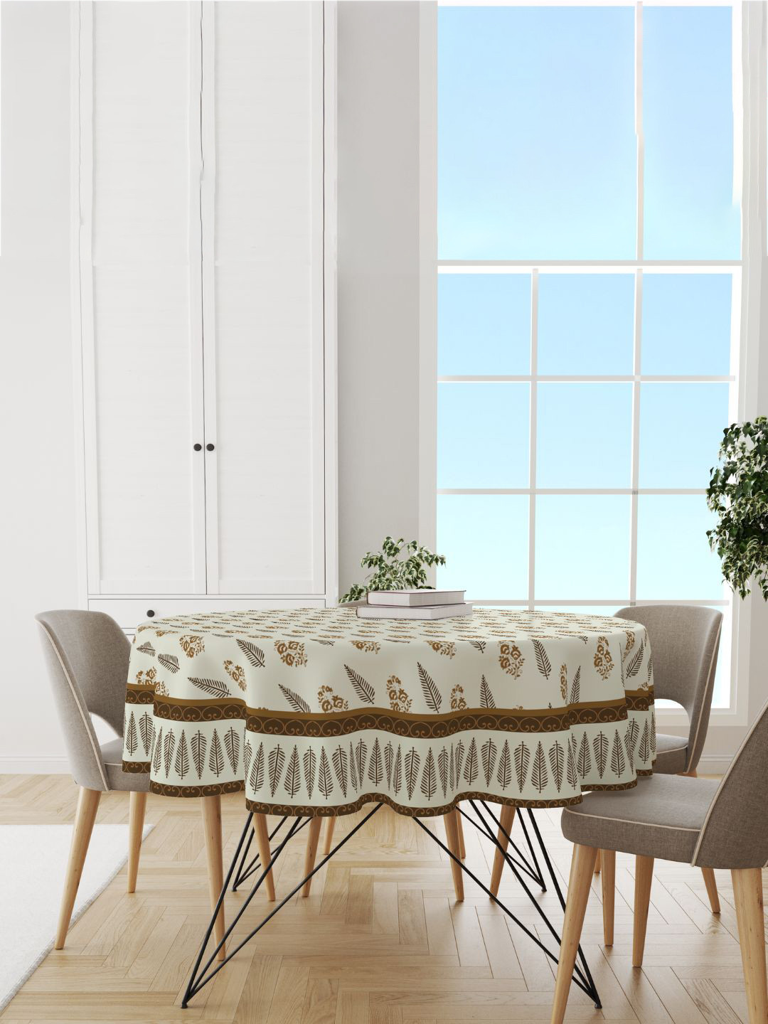Astitva Cream Coloured & Brown Block Printed 4 Seater Round Shape Cotton Table Cover