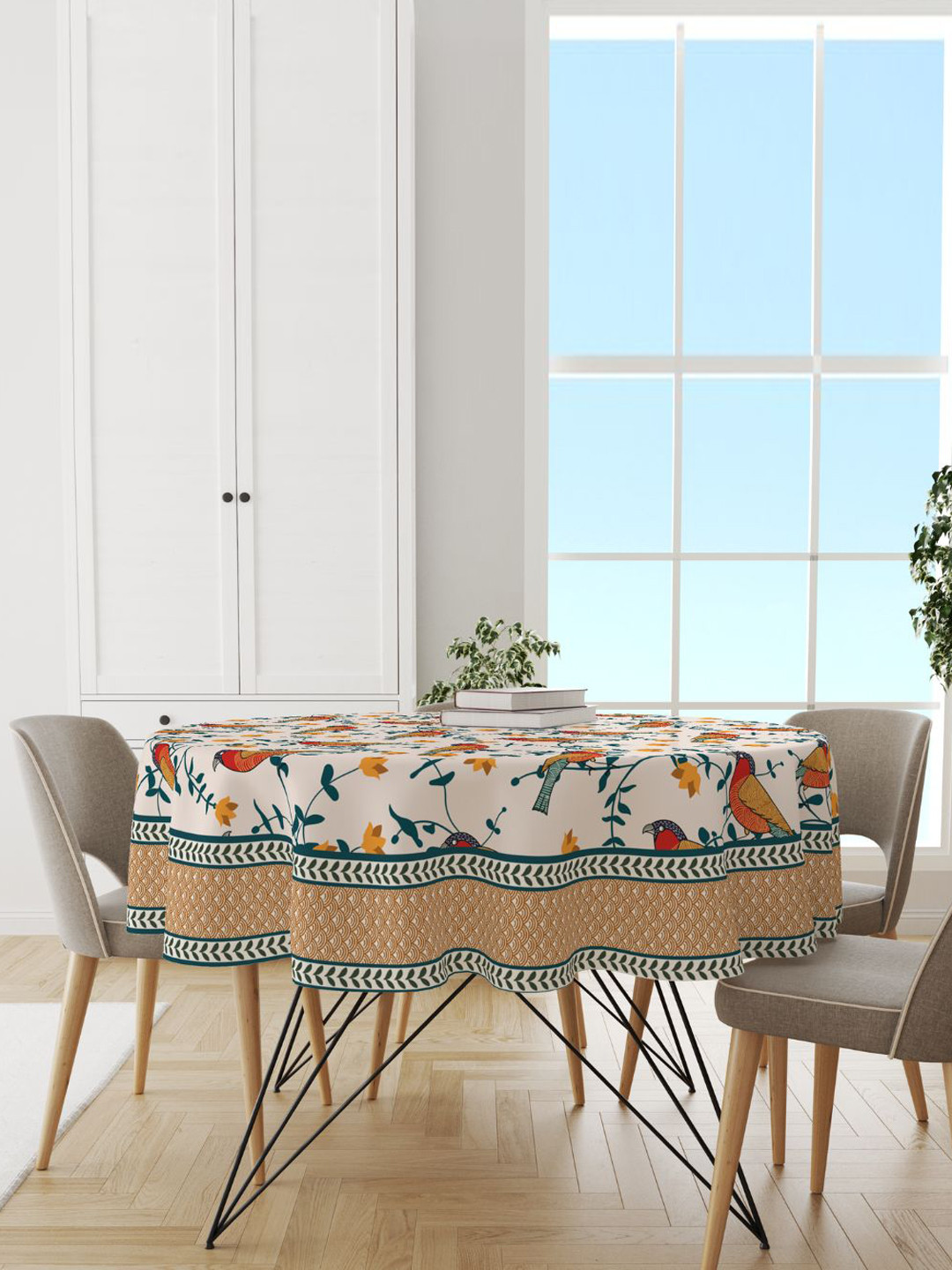 Astitva Cream Coloured & Green Birds Printed Pure Cotton Round Shaped 4 Seater Table Cover