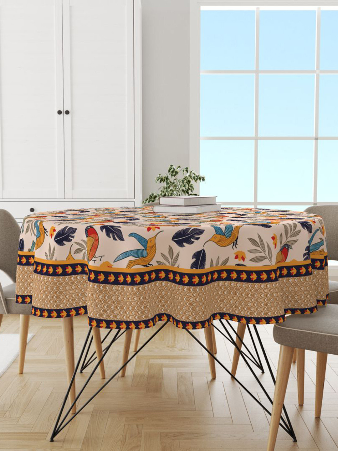 Astitva Cream Coloured & Blue Block Printed 4 Seater Round Shape Cotton Table Cover