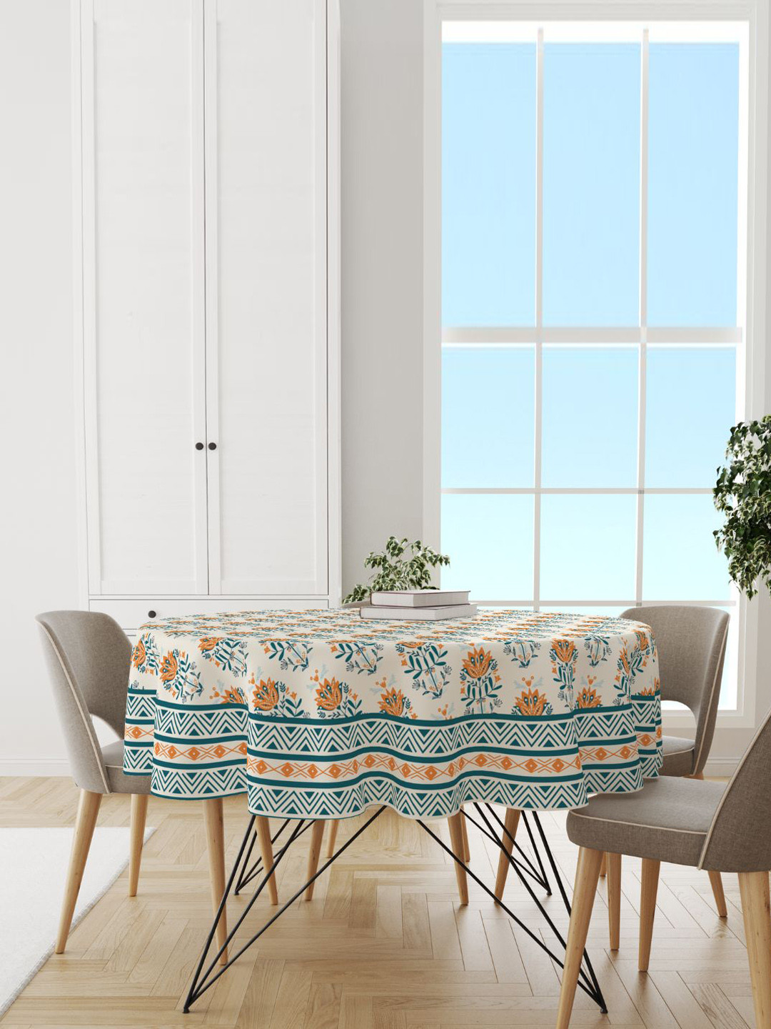 Astitva Cream Coloured & Blue Block Printed 4 Seater Round Shape Cotton Table Cover