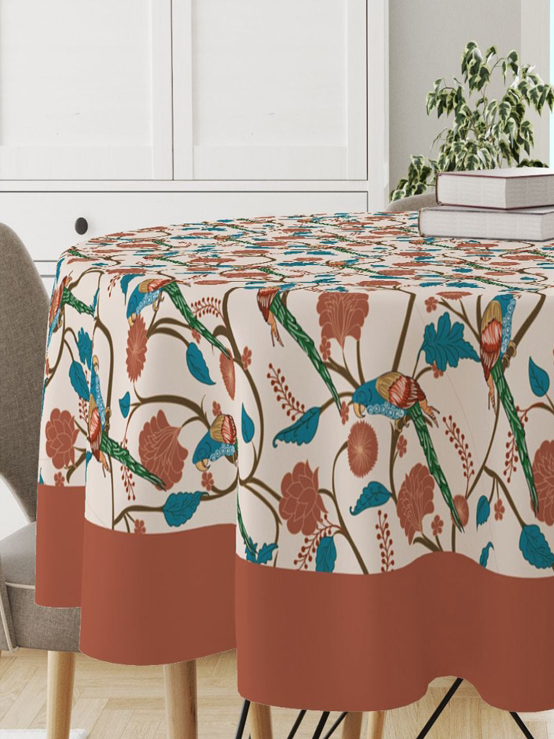Astitva Cream Coloured & Brown Parrot Printed 4 Seater Round Shape Cotton Table Cover