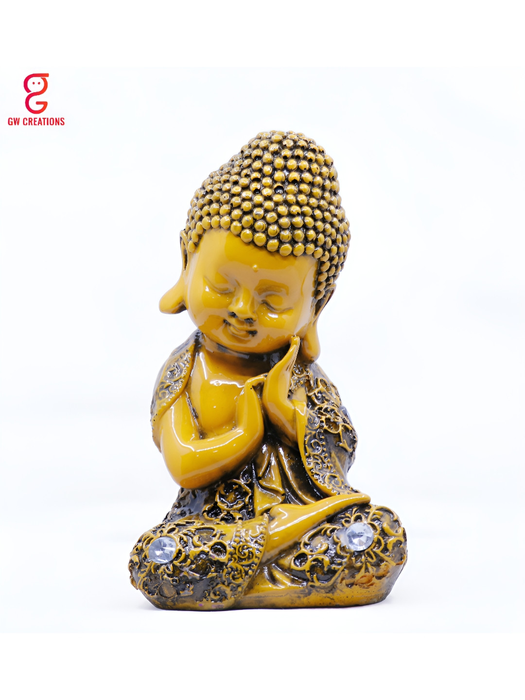 GW CREATIONS Meditating Position Monk Mustard Marble Glossy Prayer Room Medium Showpiece - 4.7 Inches