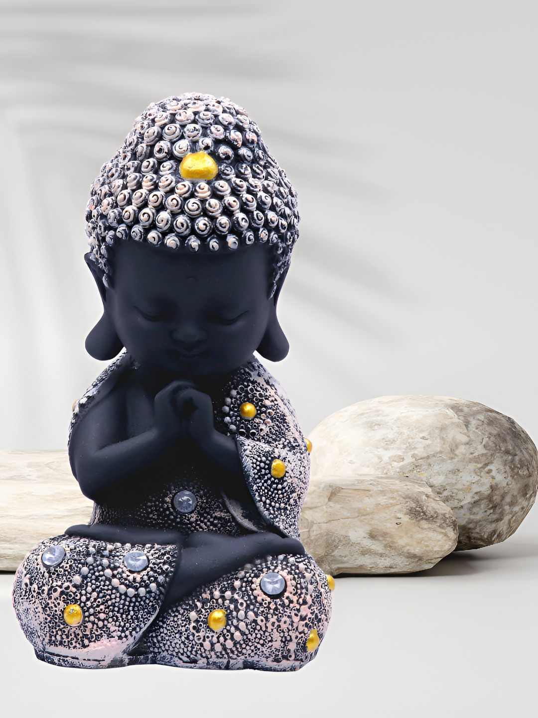 GW CREATIONS Lord Meditating Position Monk Silver Polyresin Glossy Living Room Medium Showpiece - 2.4 Inches