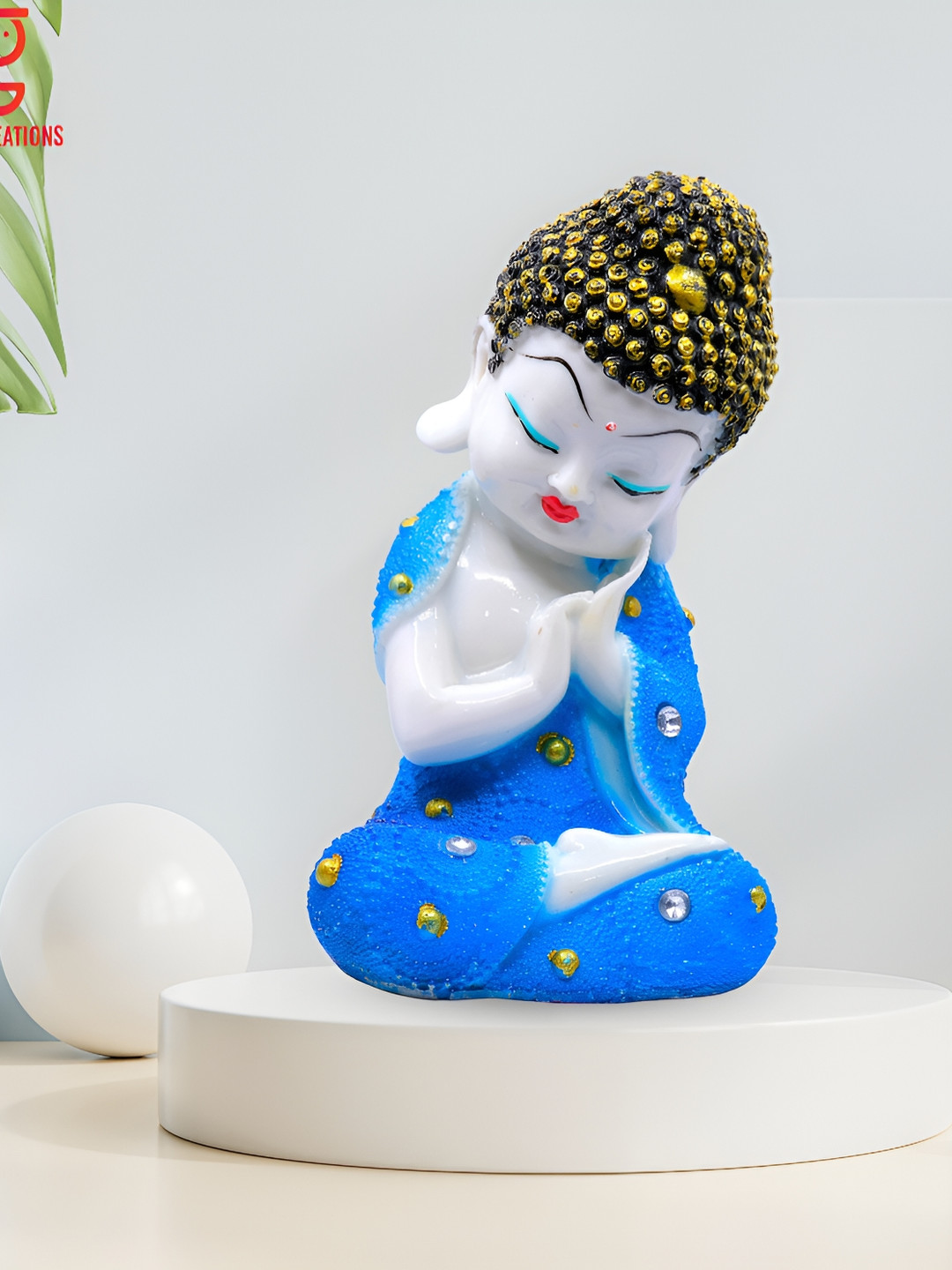 GW CREATIONS Meditating Position Monk Blue Marble Glossy Home Office Medium Showpiece - 5.5 Inches