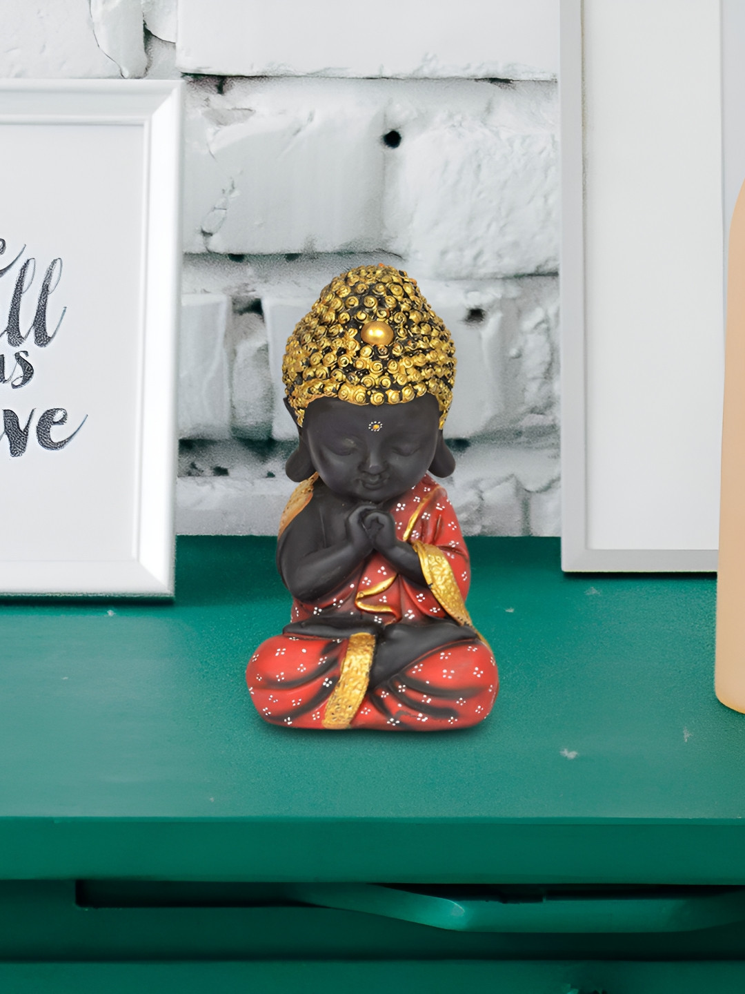 GW CREATIONS Meditating Position Monk Red Polyresin Glossy Living Room Medium Showpiece - 7.9 Inches