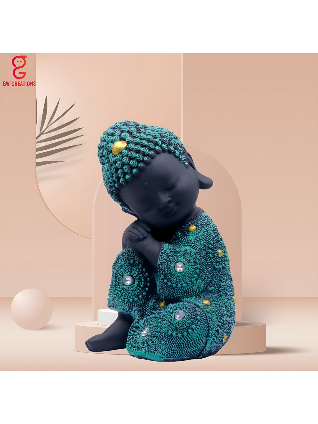 GW CREATIONS Meditating Position Monk Green Polyresin Matte Living Room Medium Showpiece - 2 Inches