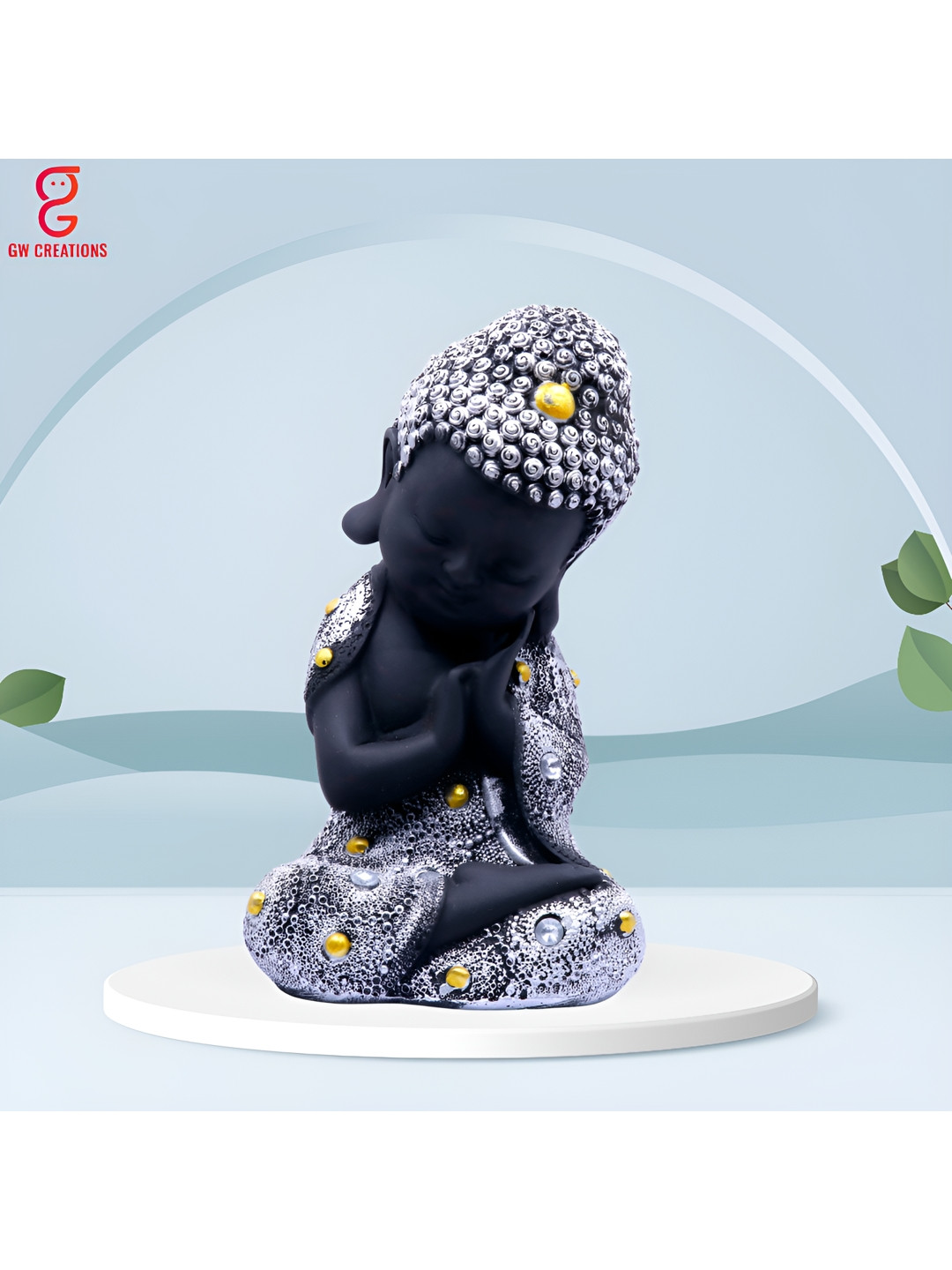 GW CREATIONS Lord Meditating Position Monk Silver Polyresin Glossy Living Room Medium Showpiece - 2 Inches