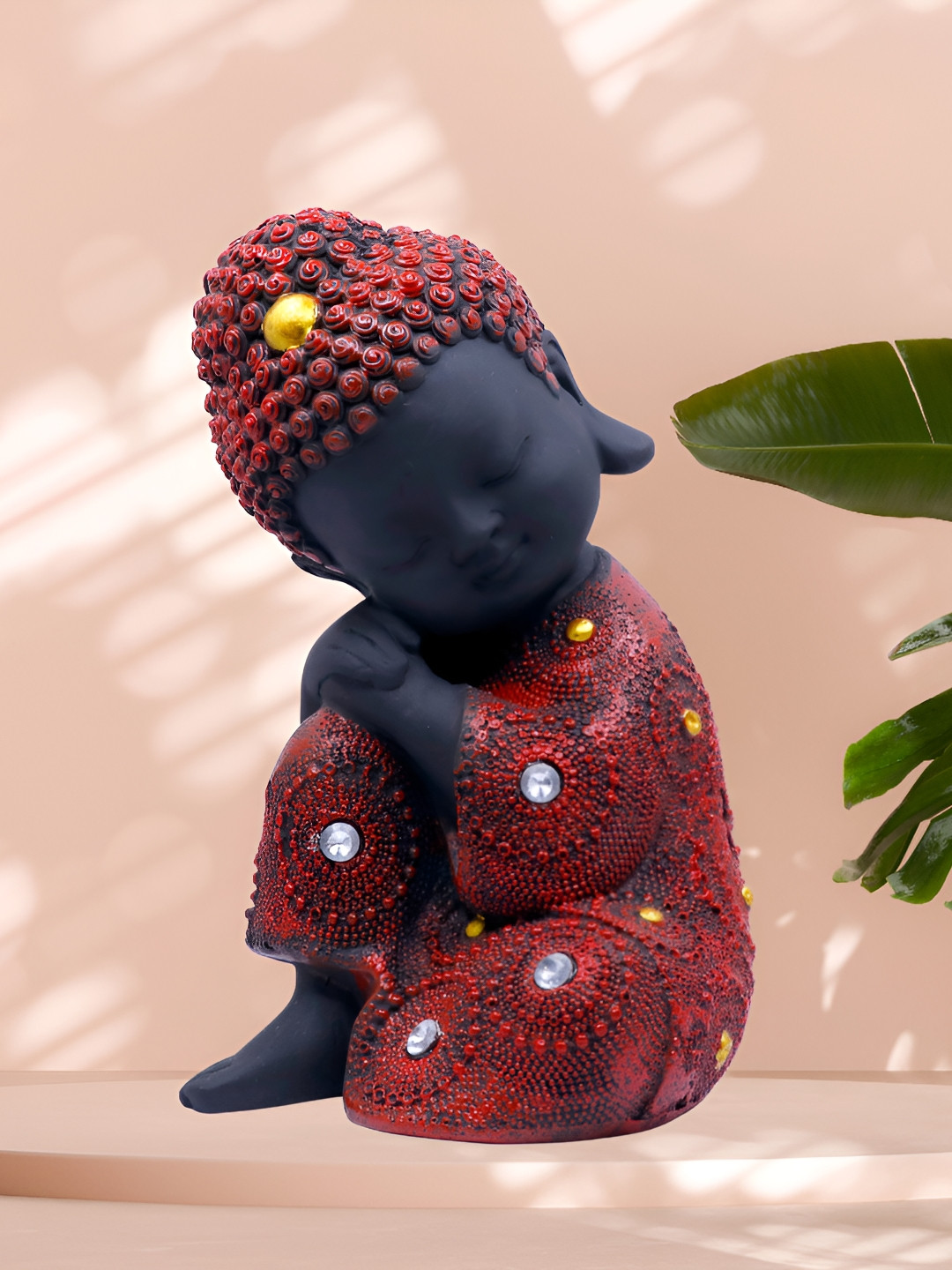 GW CREATIONS Lord Meditating Position Monk Red Polyresin Matte Living Room Medium Showpiece - 2 Inches