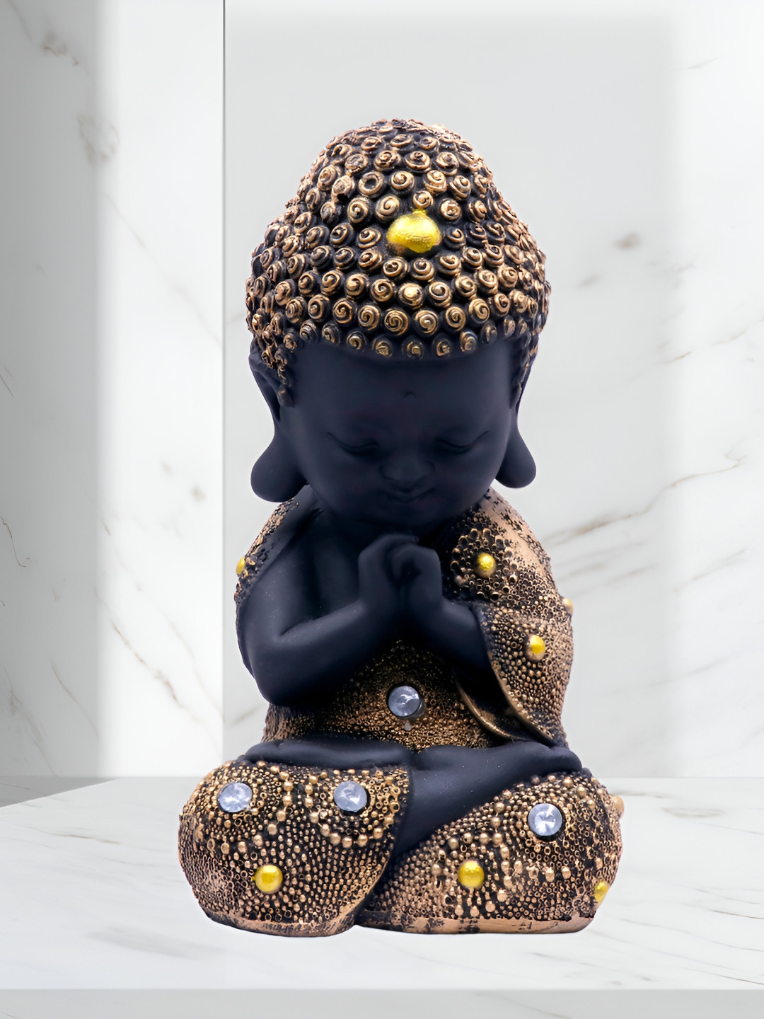 GW CREATIONS Beautiful Lord Meditating Position Monk Gold Polyresin Glossy Home Office Medium Showpiece - 4.7 Inches