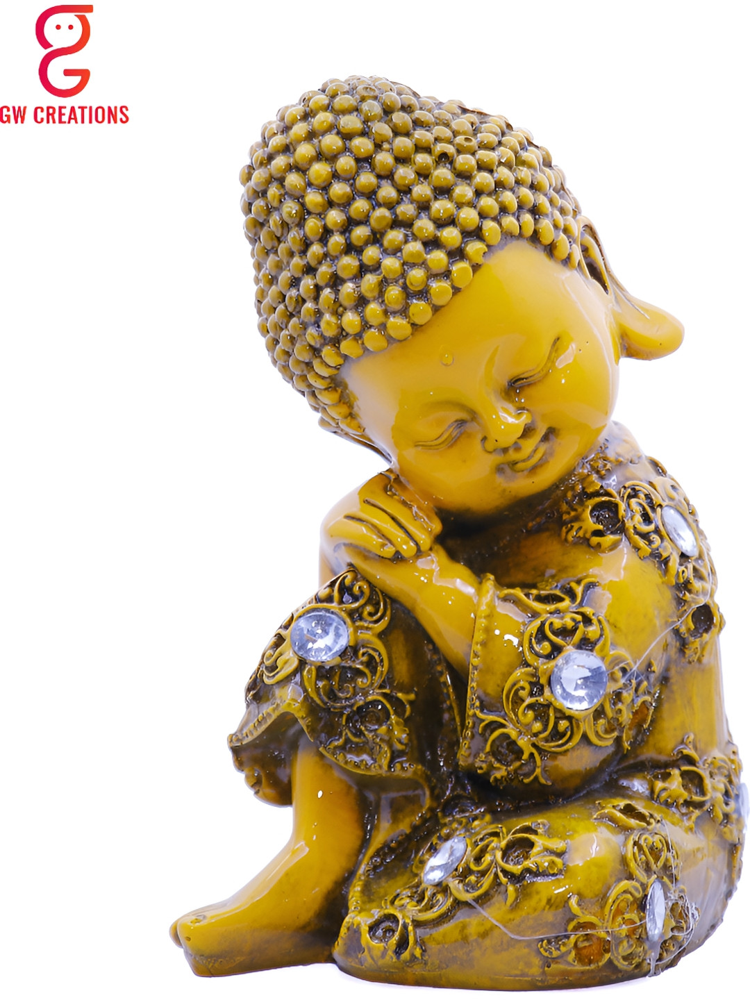 GW CREATIONS Meditating Position Monk Yellow Marble Glossy Living Room Medium Showpiece - 4.7 Inches