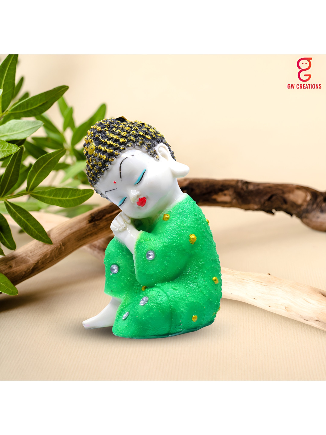 GW CREATIONS Meditating Position Monk Green Polyresin Glossy Bedroom Medium Showpiece - 5.5 Inches