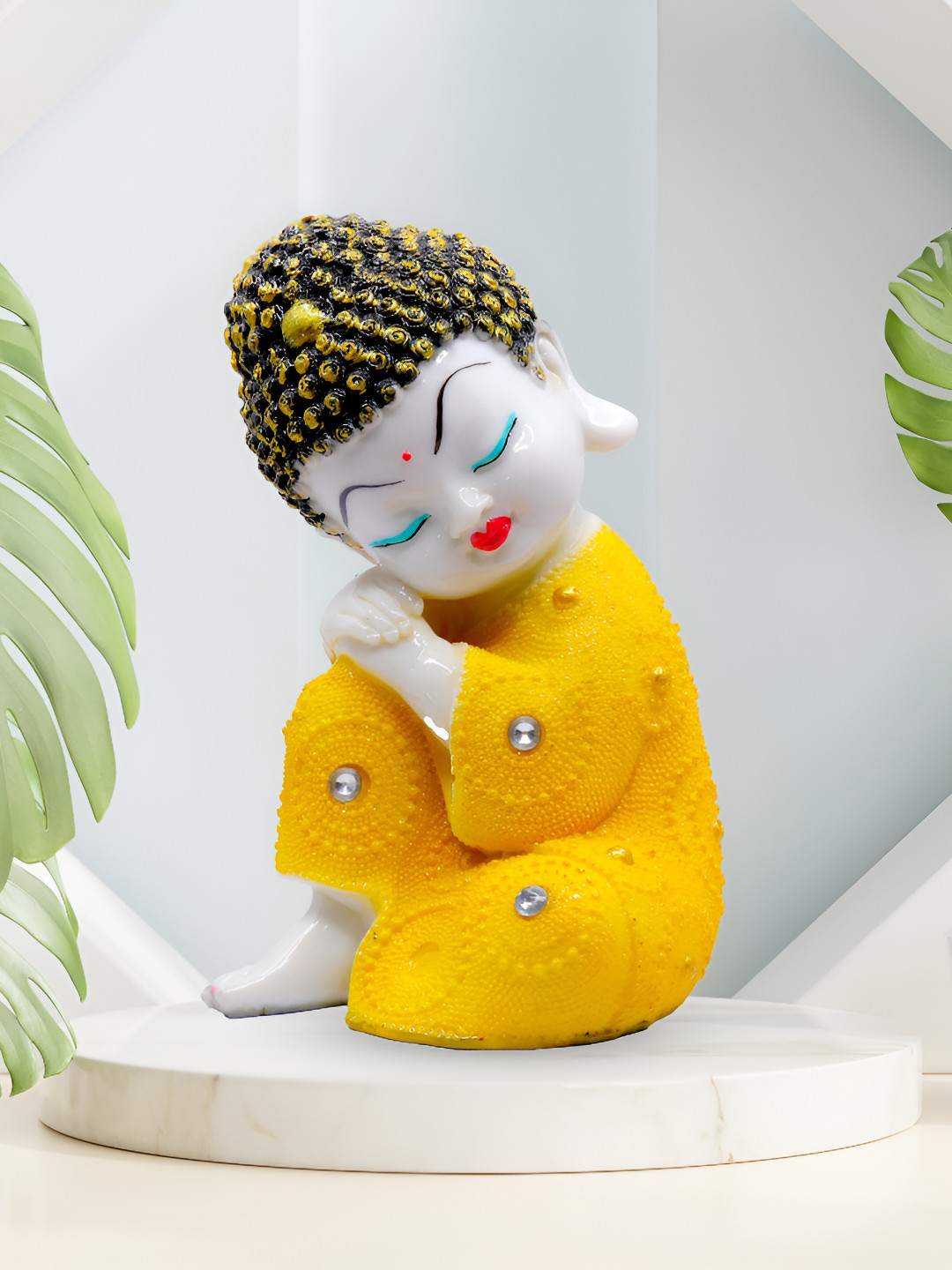 GW CREATIONS Beautiful Lord Meditating Position Monk Yellow Polyresin Glossy Living Room Medium Showpiece - 5.5 Inches