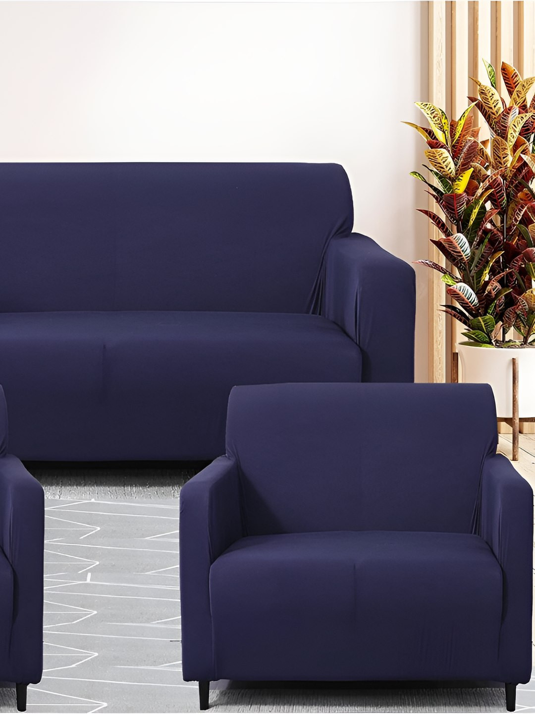 Stuff N' Fluff Navy Blu 3 Pieces 5 Seater Sofa Cover With Arms