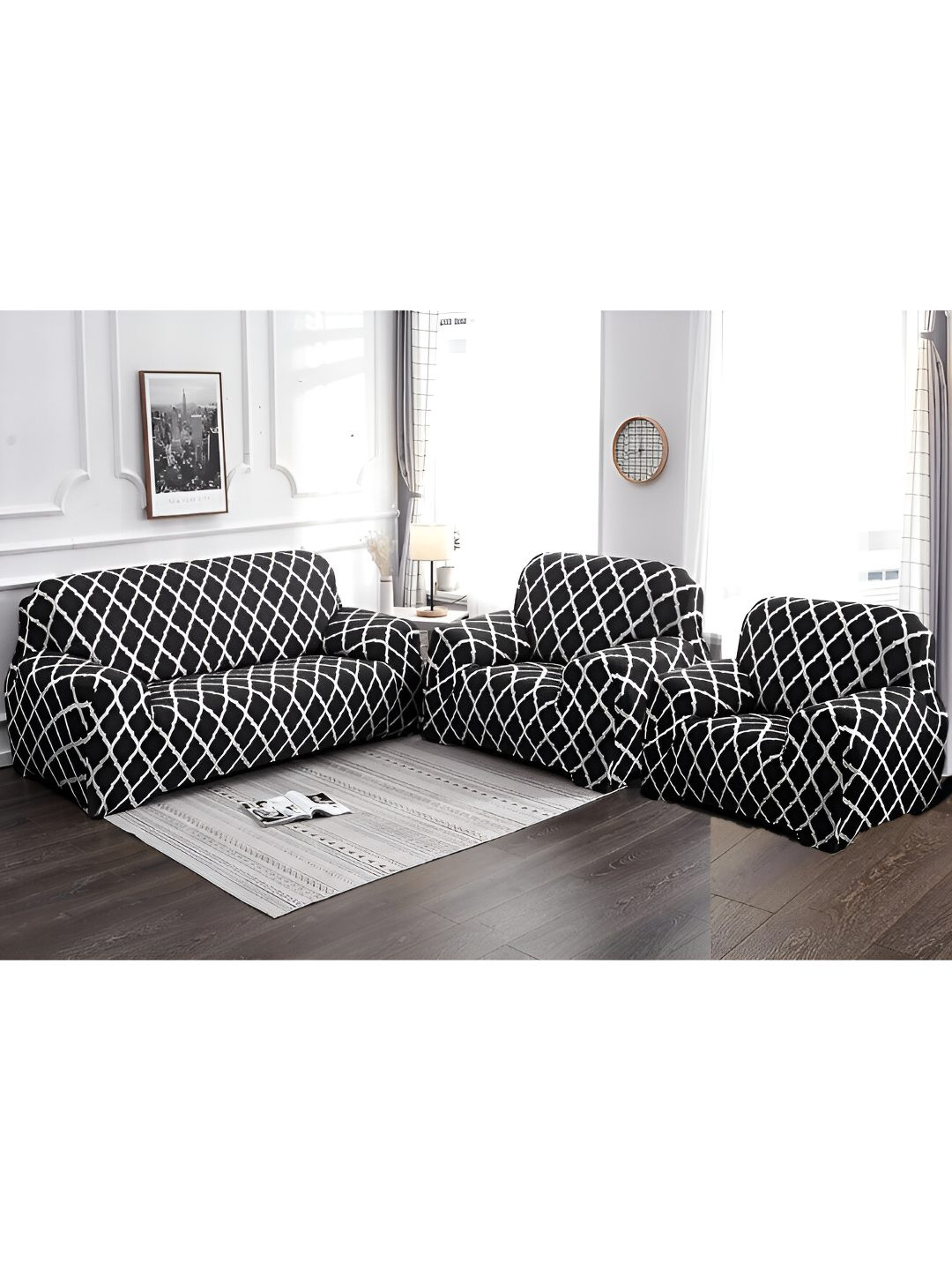 Stuff N' Fluff Black & White 3 Pieces Printed 5 Seater Sofa Cover With Arms