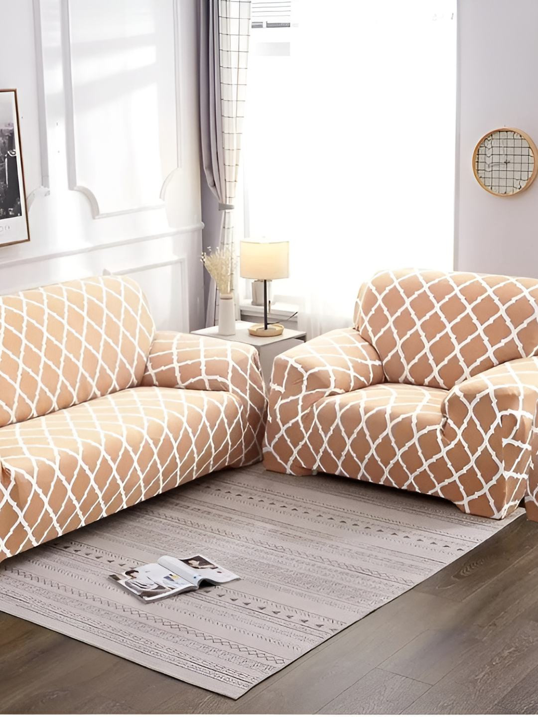 Stuff N' Fluff Beige & White 3 Pieces Printed 5 Seater Sofa Cover With Arms