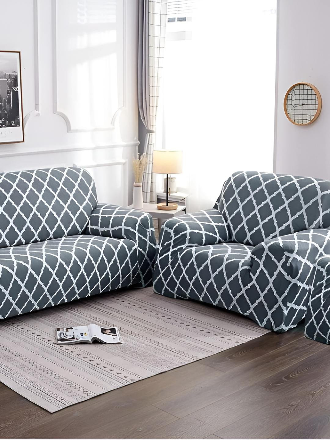Stuff N' Fluff Grey & White 3 Pieces Printed 5 Seater Sofa Cover With Arms