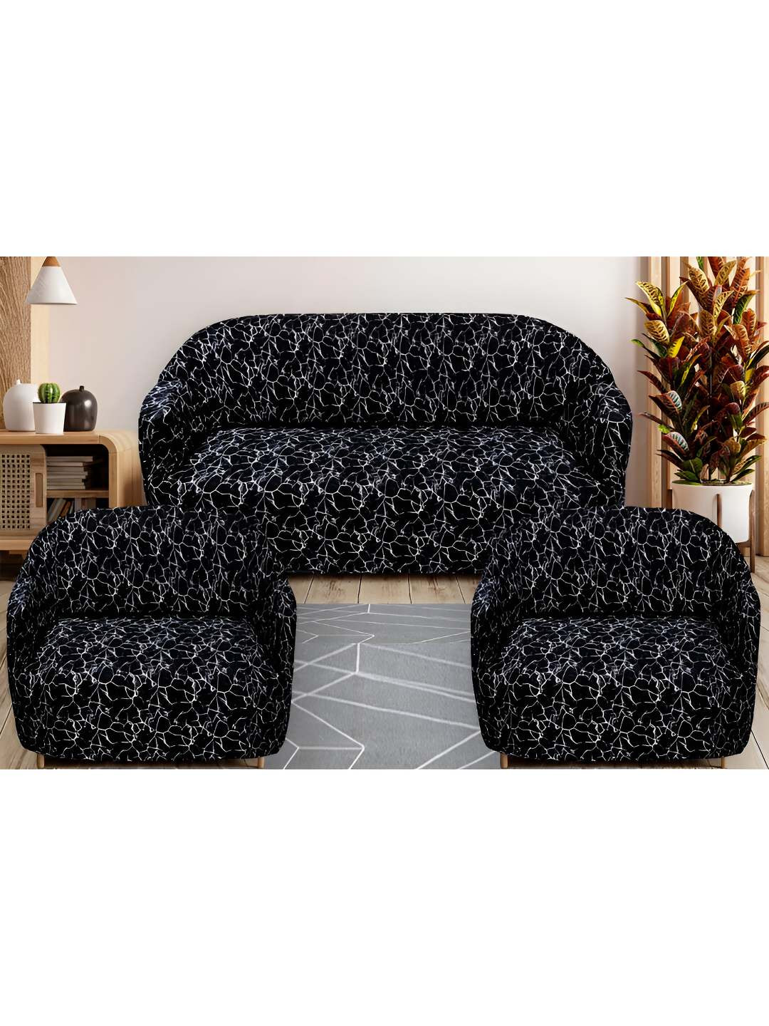 Stuff N' Fluff Black & White 3 Pieces Printed 5 Seater Sofa Cover With Arms