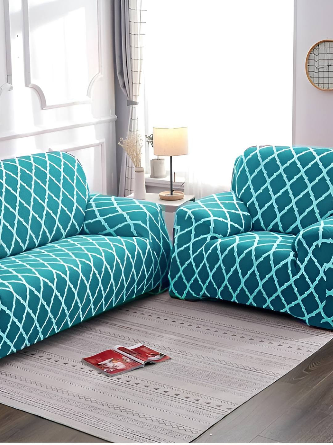 Stuff N' Fluff Teal & White 3 Pieces Printed 5 Seater Sofa Cover With Arms