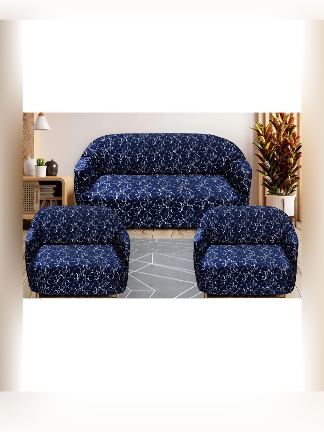 Stuff N' Fluff Blue & White 3 Pieces Printed 5 Seater Sofa Cover With Arms