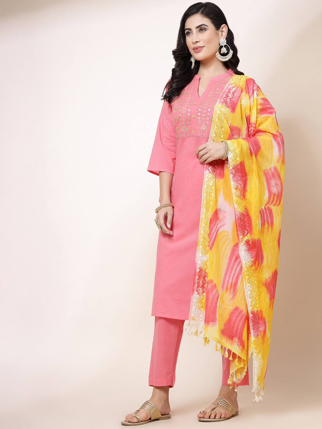 Ramas Floral Yoke Design Mandarin Collar Pure Cotton Kurta Set With Dupatta