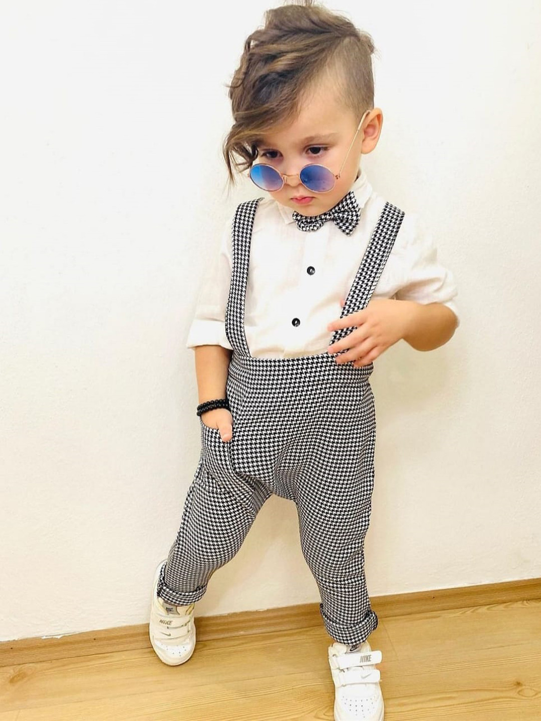 BAESD Infant Boys Checked Slim Fit Dungaree With Shirt And Bow Tie