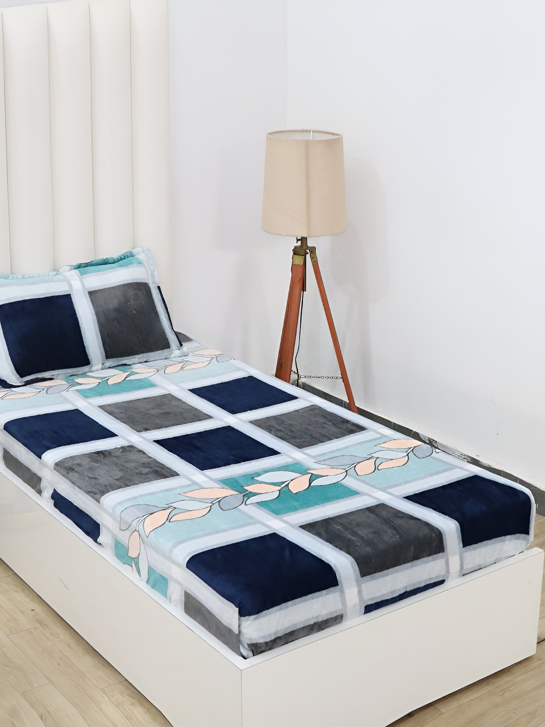 RD TREND Grey Leaf Polyester 210 TC Fitted Single Fine Bedsheet with a Pillow Cover-47 x 75 inches