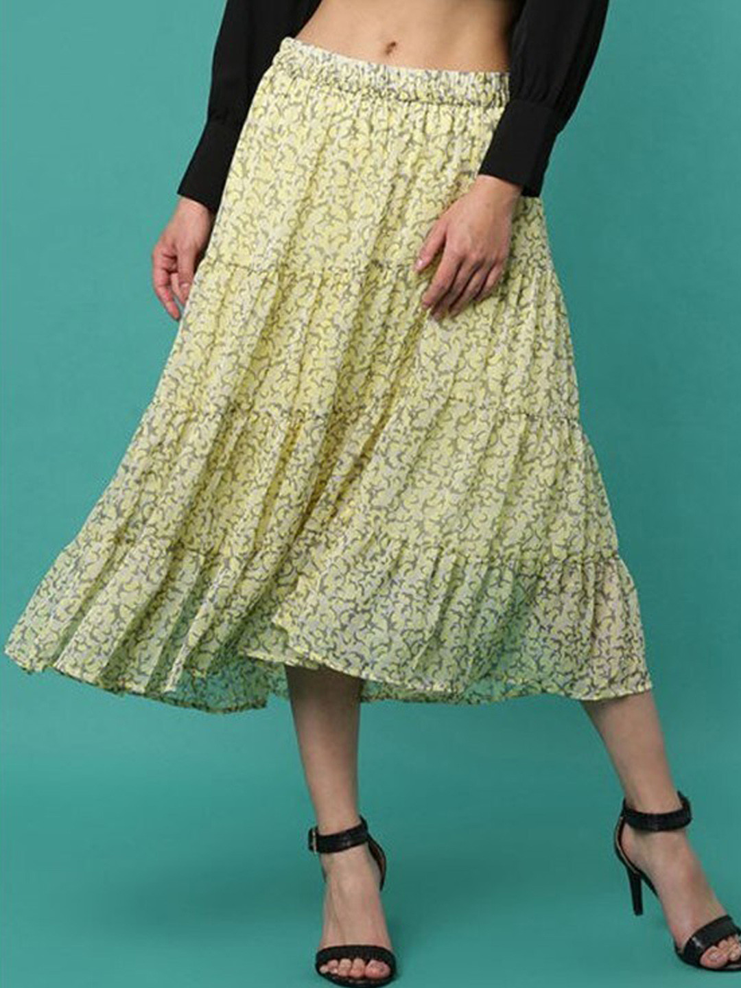 Aila Abstract Printed Tiered Midi Skirt