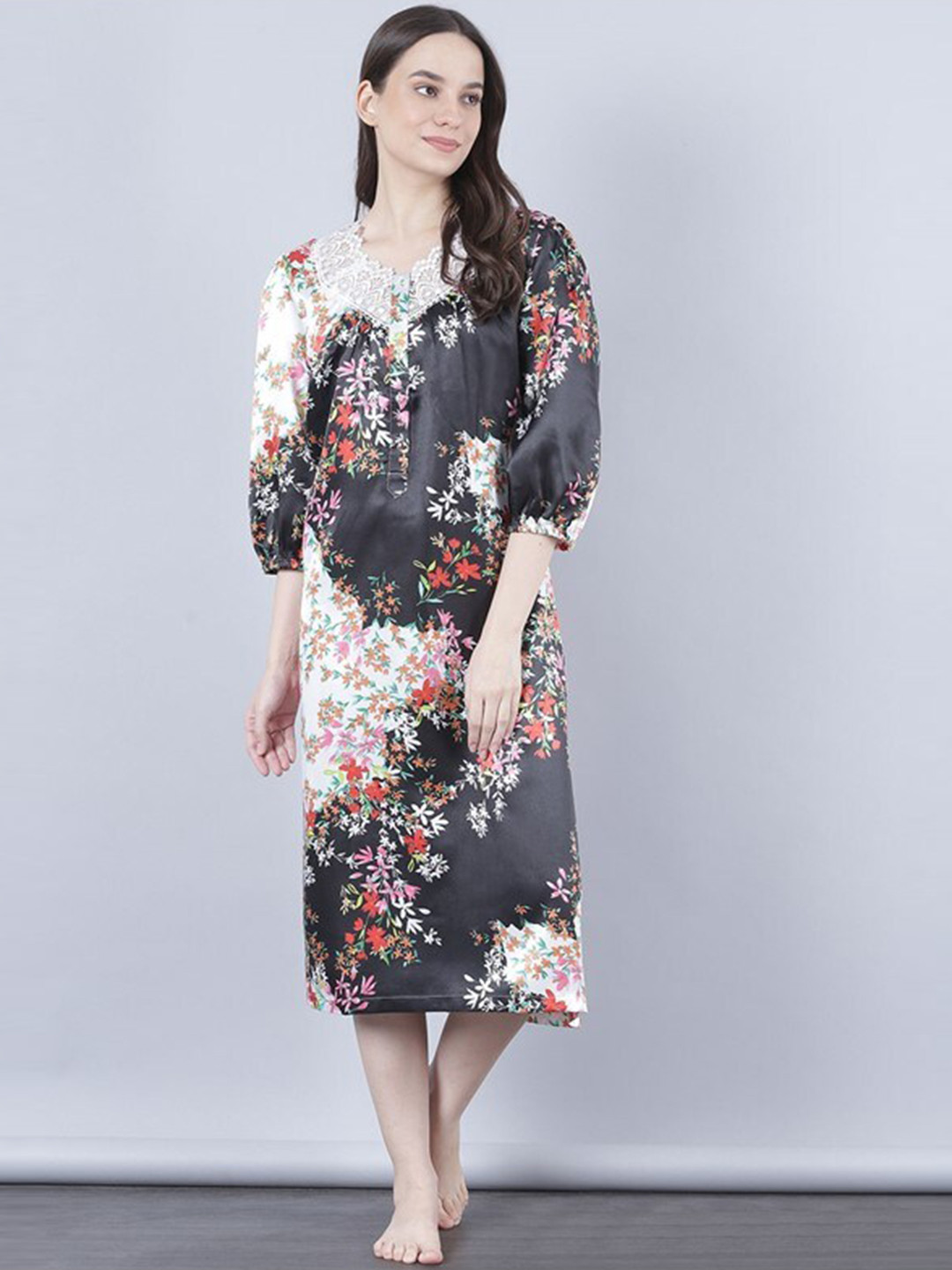 Aila Floral Printed Lace Insert Midi Nightdress