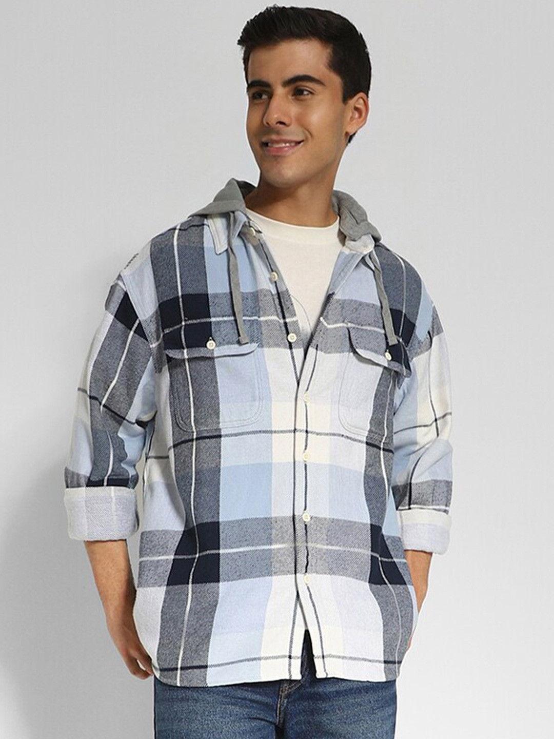 AMERICAN EAGLE OUTFITTERS Checked Hooded Flannel Pure Cotton Casual Shacket