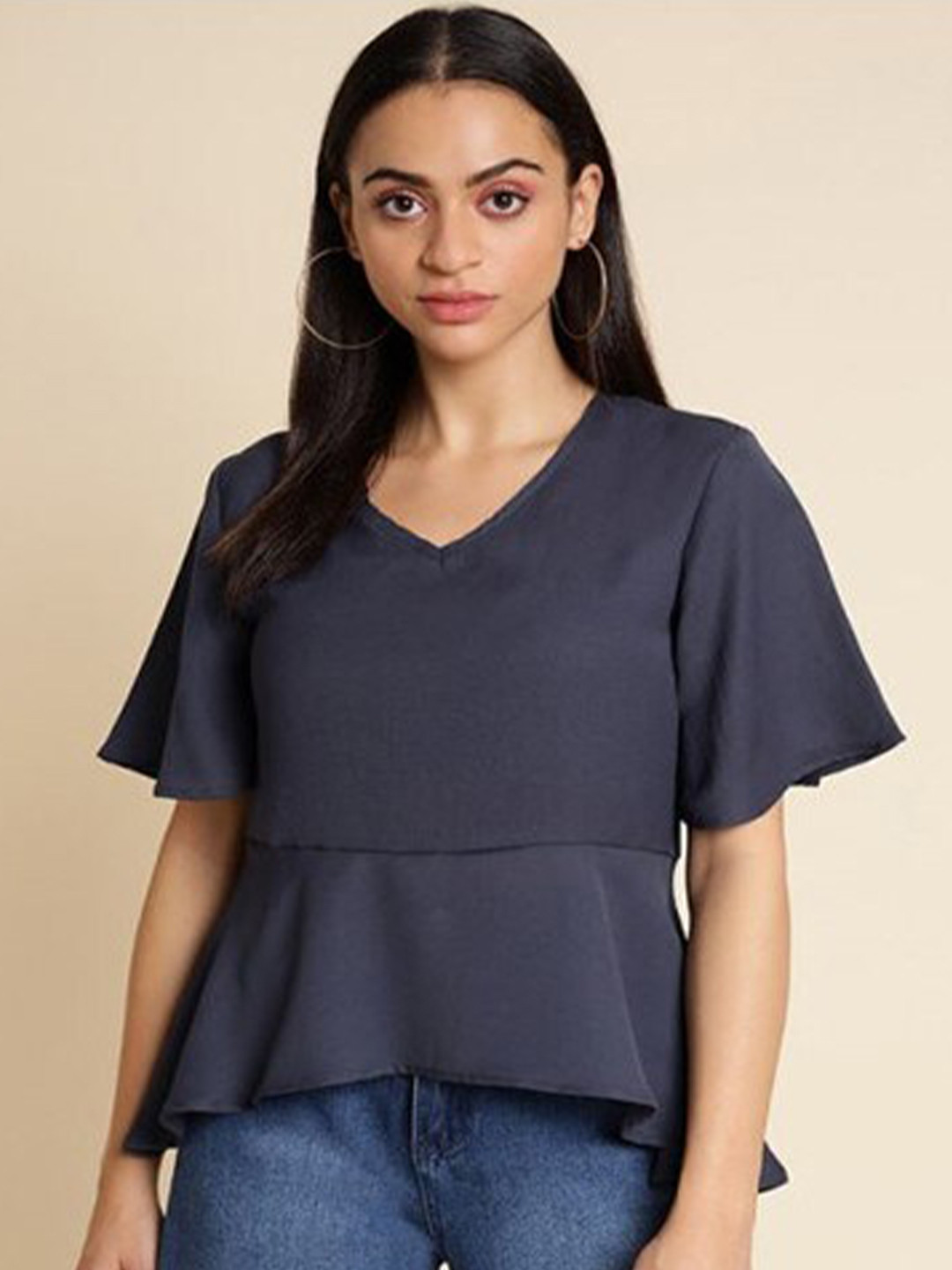 Aila V-Neck Flared Sleeves Cotton Pepum Top