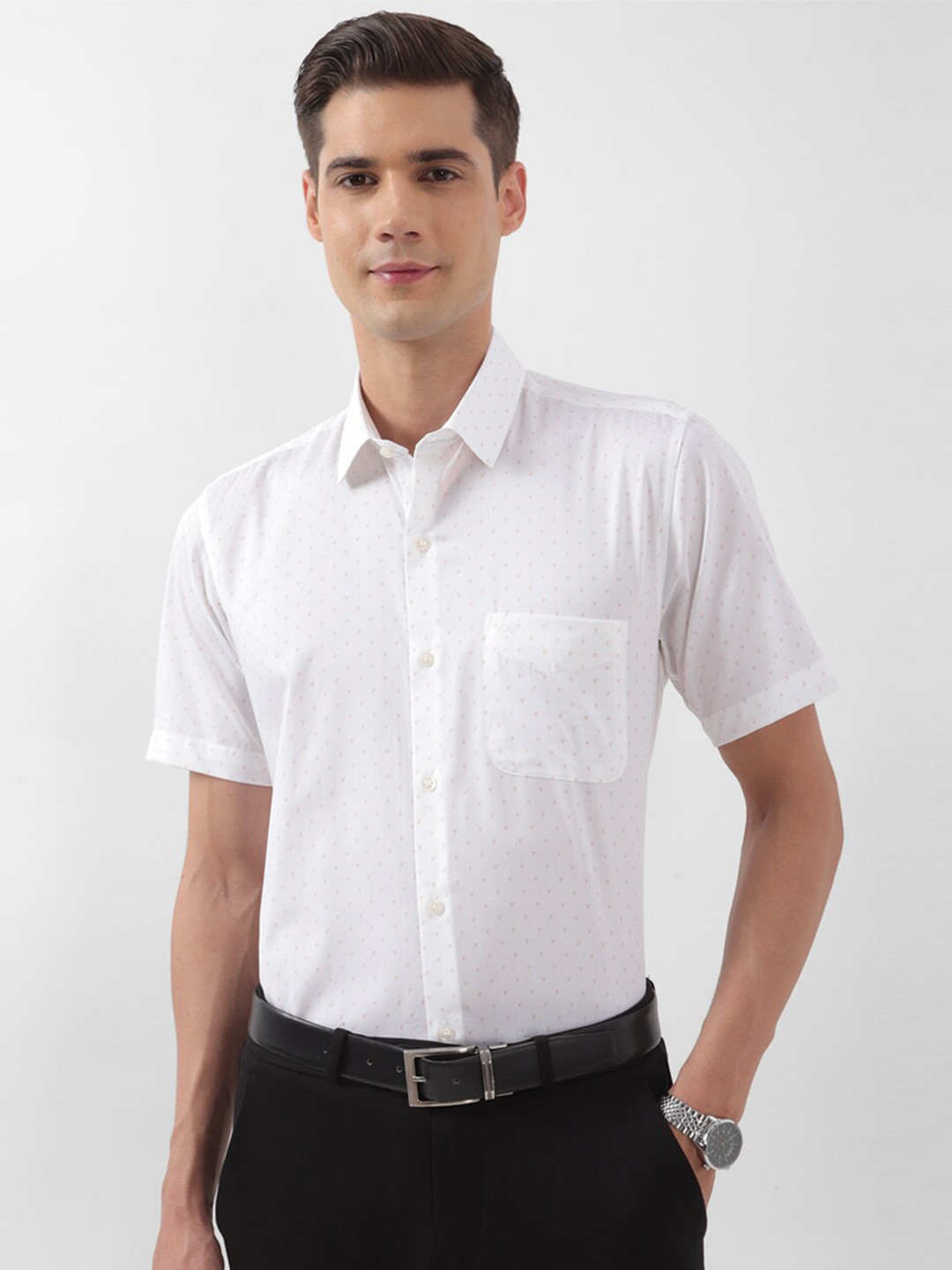 Peter England Micro Ditsy Printed Spread Collar Pocket Cotton Formal Shirt