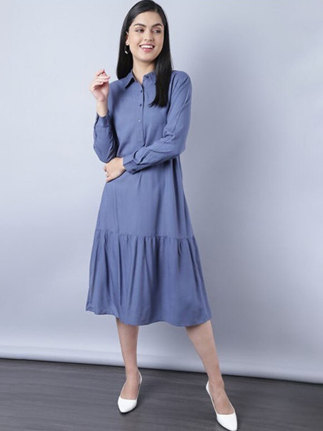 Aila Cuffed Sleeves Shirt Midi Dress