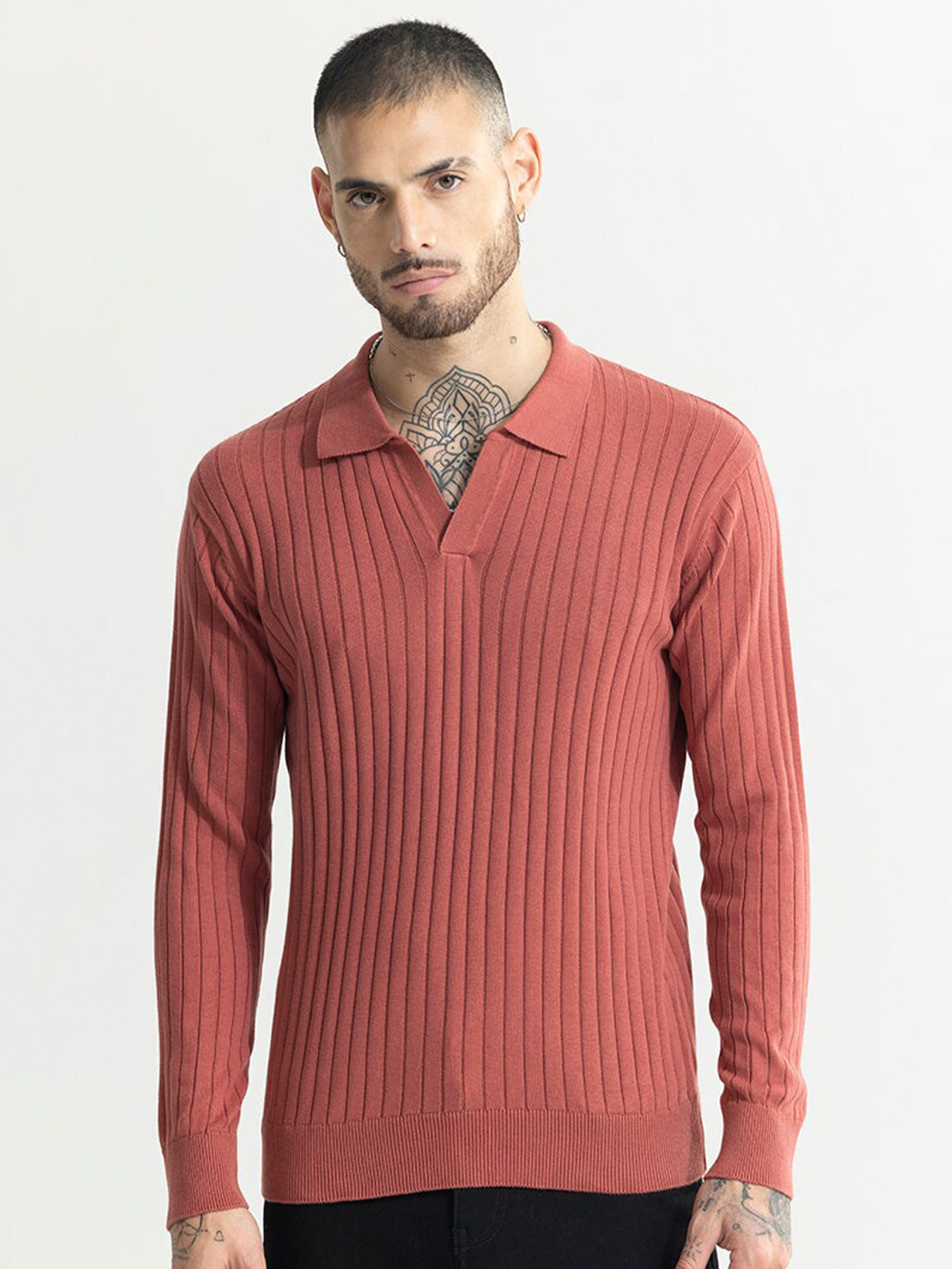 Snitch Pink Self Design Polo Collar Long Sleeves Slim Fit T-shirt