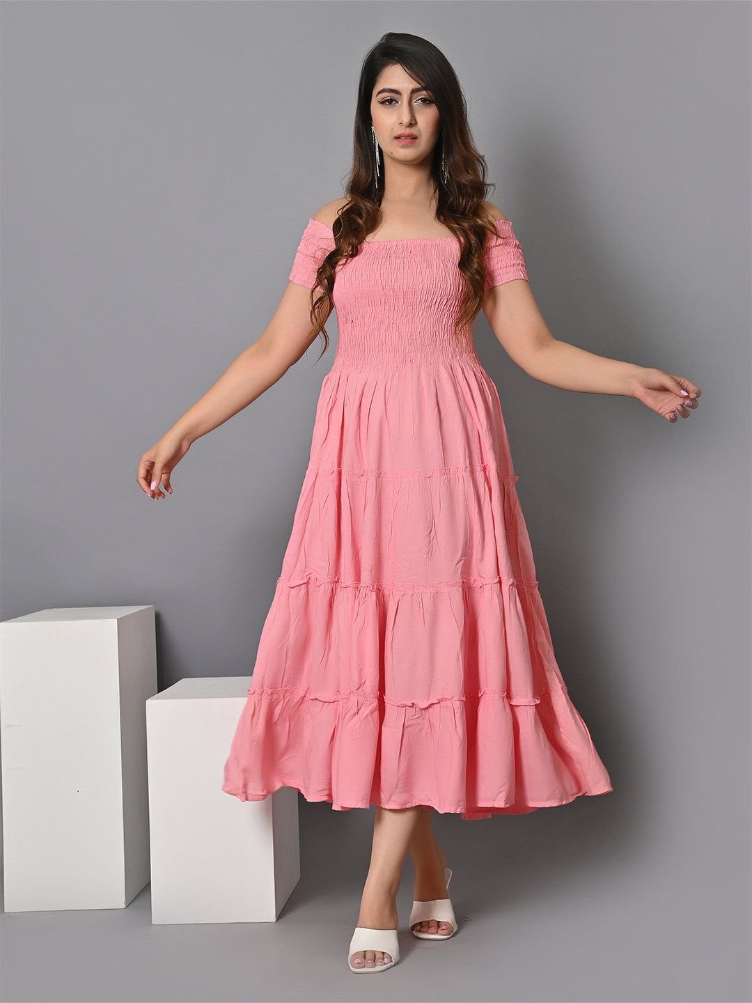 IQRAAR Off-Shoulder Smocked Fit & Flare Midi Dress