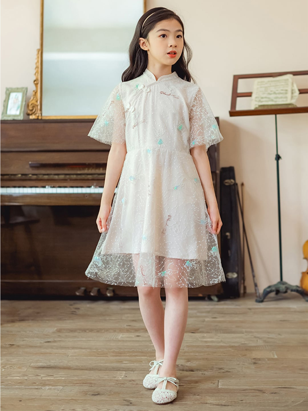 StyleCast Beige Girls Embellished Mandarin Collar A-Line Dress