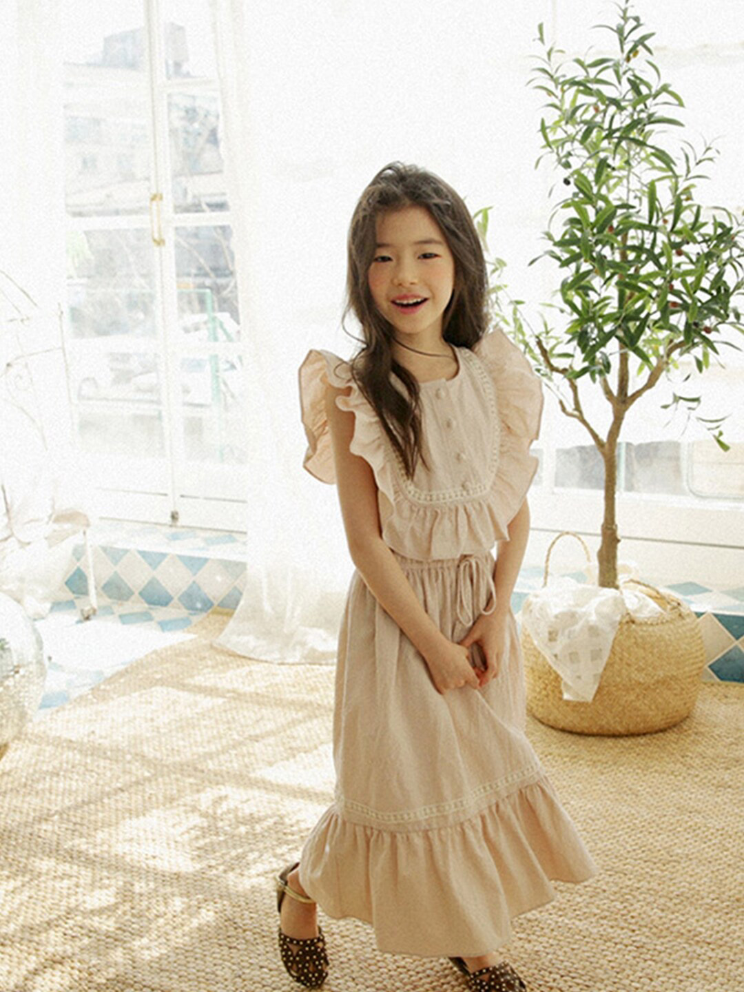 StyleCast Cream-Coloured Girls Ruffled Flutter Sleeves A-Line Dress