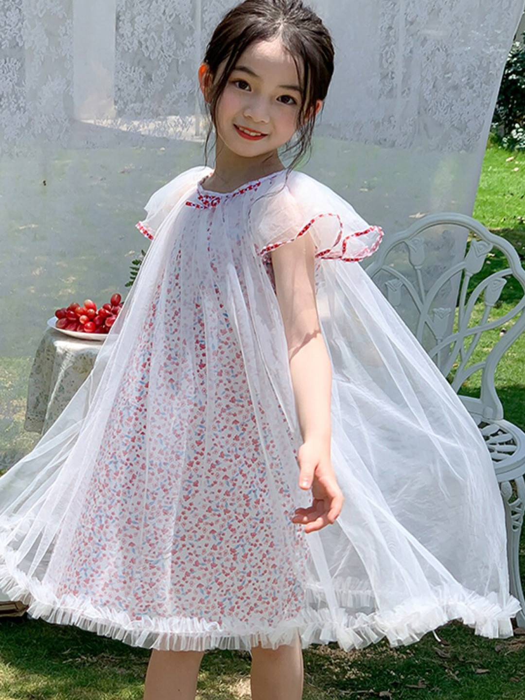 StyleCast Girls White & Red Floral Print Pure Cotton Flutter Sleeve Layered A-Line Dress