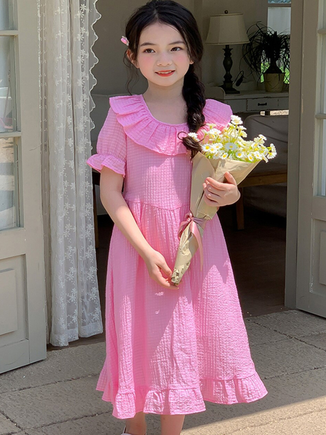 StyleCast Pink Self Design A-Line Pure Cotton Midi Dress